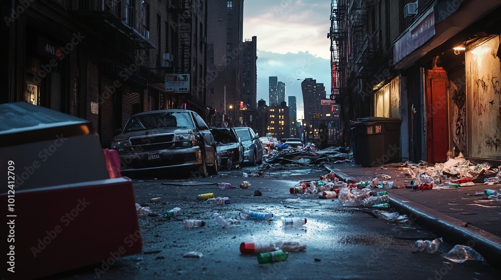 desolate street scene at dawn filled with garbage and plastic bottles alongside abandoned cars and shuttered storefronts
desolate street scene at dawn filled with garbage and plastic bottles alongside abandoned cars and shuttered storefronts