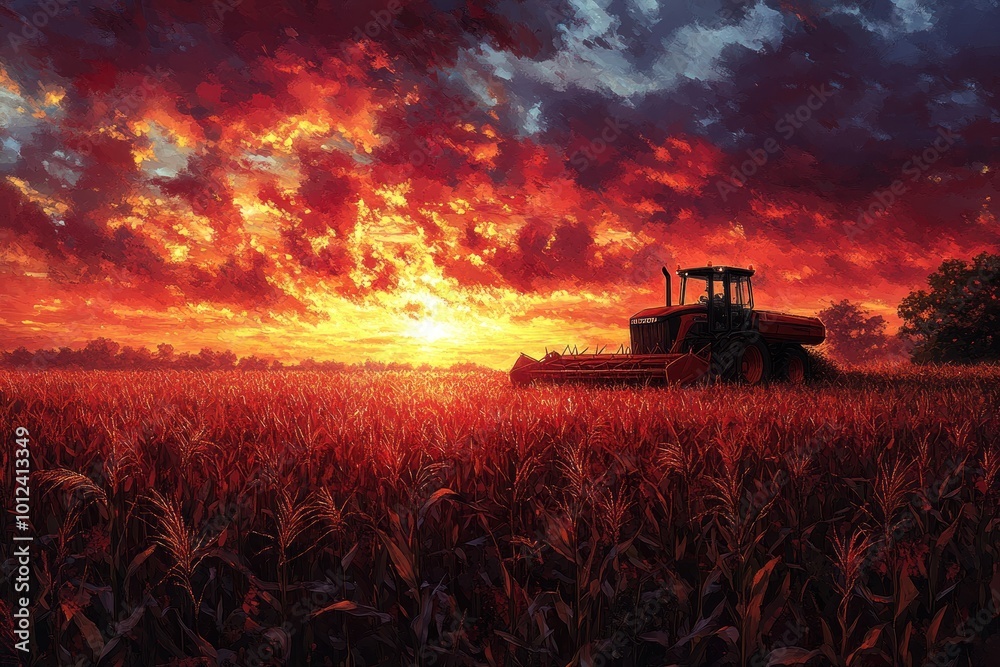Fototapeta premium A red tractor sits in a field of tall grass at sunset with a fiery sky.