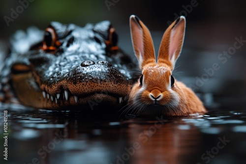 A delightful juxtaposition of a rabbit swimming side by side with an alligator, presenting a unique image of unexpected peaceful coexistence in nature. photo