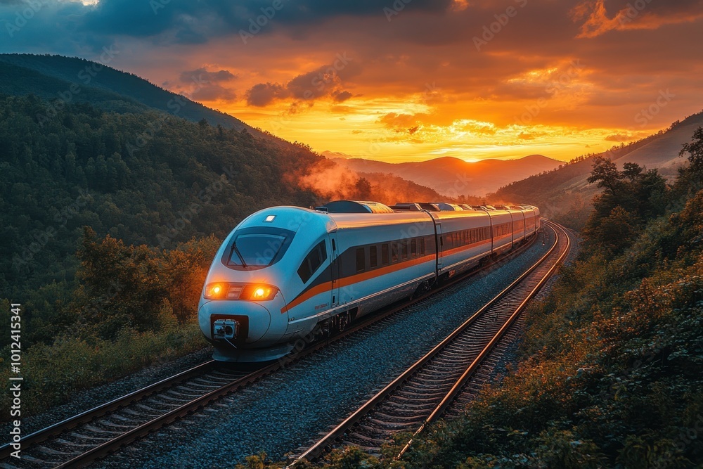Fototapeta premium A high-speed train travels through a mountainous landscape at sunset, with vibrant orange and purple skies.