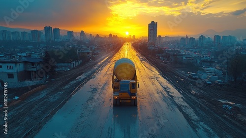 A cement mixer truck drives on a muddy road in the middle of a city at sunset. photo