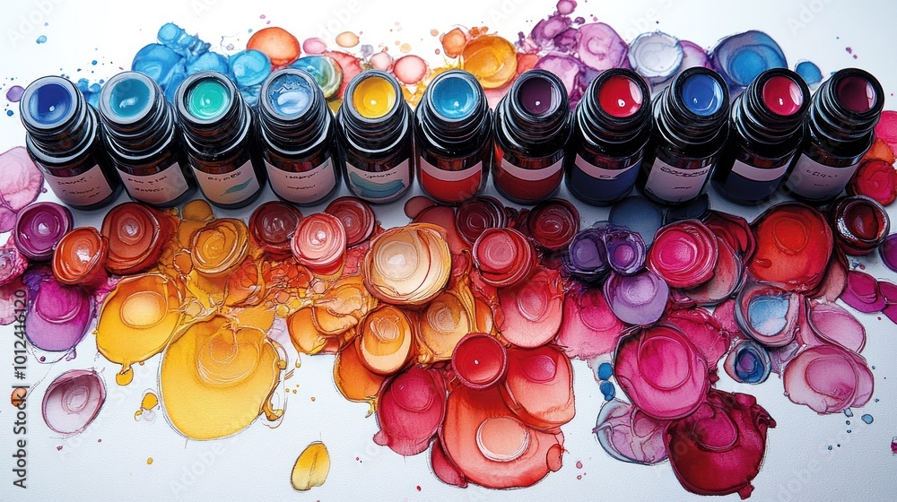 A row of colorful ink bottles with spilled drops creating a rainbow pattern on a white background. A row of colorful ink bottles with spilled drops creating a rainbow pattern on a white background.