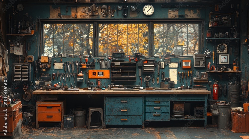 A well-equipped workshop with tools hanging on the wall, a workbench with drawers, and a window overlooking a fall scene. A well-equipped workshop with tools hanging on the wall, a workbench with drawers, and a window overlooking a fall scene.