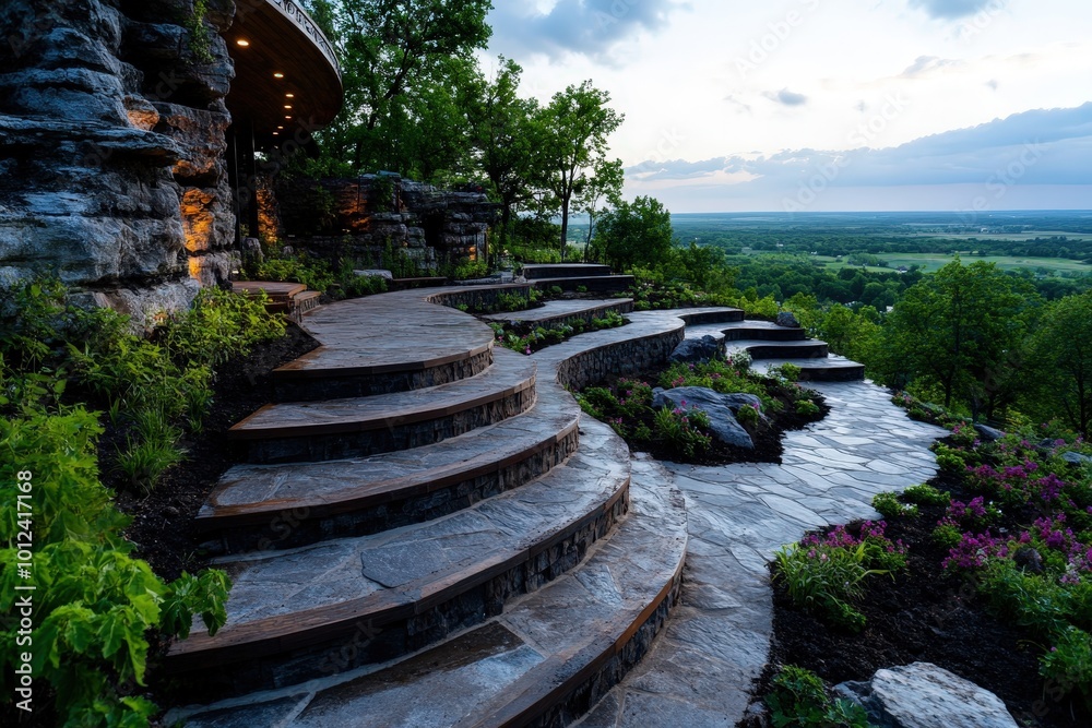Layered stone steps creating a scenic path on a hillside surrounded by vibrant greenery, with a small lit pavilion offering views at sunset. Layered stone steps creating a scenic path on a hillside surrounded by vibrant greenery, with a small lit pavilion offering views at sunset.