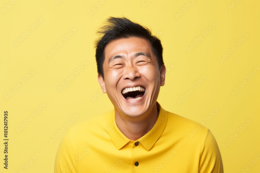Portrait of a happy young asian man laughing on yellow background Portrait of a happy young asian man laughing on yellow background