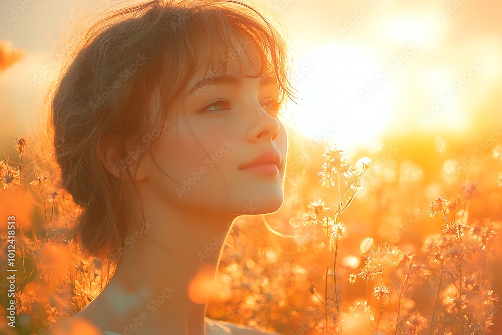 Young woman enjoying warm summer sunset in a field of wildflowers