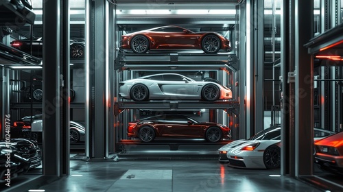 Sleek Cars in a Modern Automated Garage
