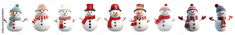 3D cute Christmas snowman png cut out element set