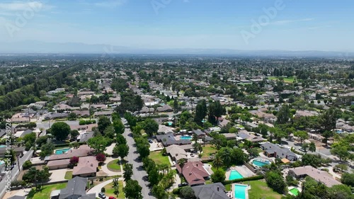 Aerial view of Upland city in San Bernardino County, California, on the border with neighboring Los Angeles County. 
