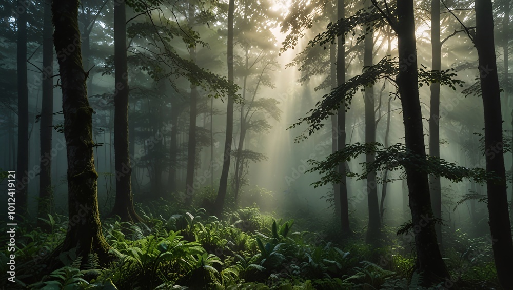 Sunlight Through Misty Forest Sunlight Through Misty Forest