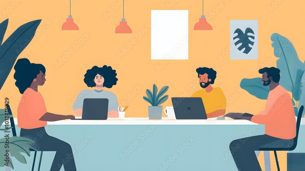 Four Diverse People Working at a Table with Laptops Four Diverse People Working at a Table with Laptops