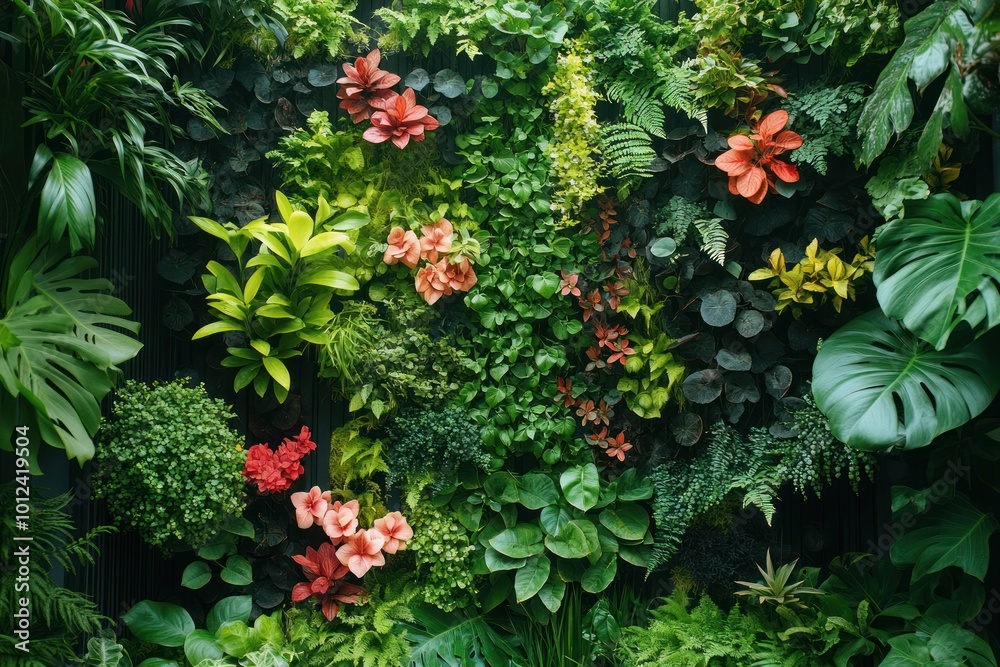 A lush green vertical garden wall with various plants and flowers.