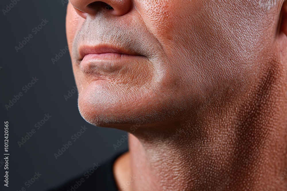 Fototapeta premium A close-up view of a skin tag on the neck of a middle-aged man, highlighting skin texture and health conditions