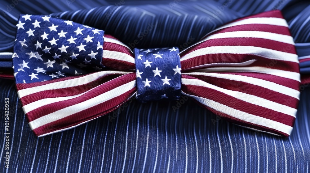 Obraz premium A patriotic bow tie with the American flag design, resting on a simple blue background. The stars and stripes are in sharp focus, ideal for U.S. pride and fashion advertising.