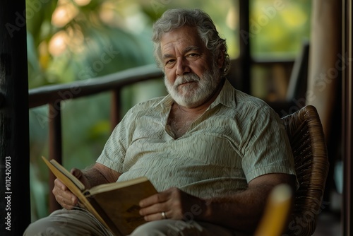 A larger man enjoys reading a book while relaxing on a sunny day in a cozy outdoor space surrounded by greenery photo