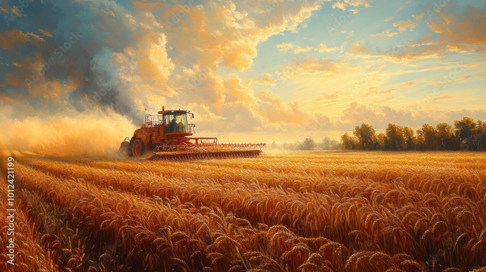 Fototapeta premium A red combine harvester harvests wheat in a field at sunset with dust kicked up behind it.