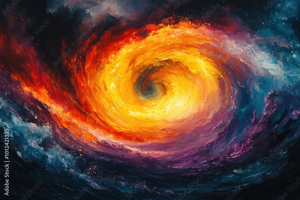 An abstract painting of a swirling vortex of fire and smoke in the sky. An abstract painting of a swirling vortex of fire and smoke in the sky.