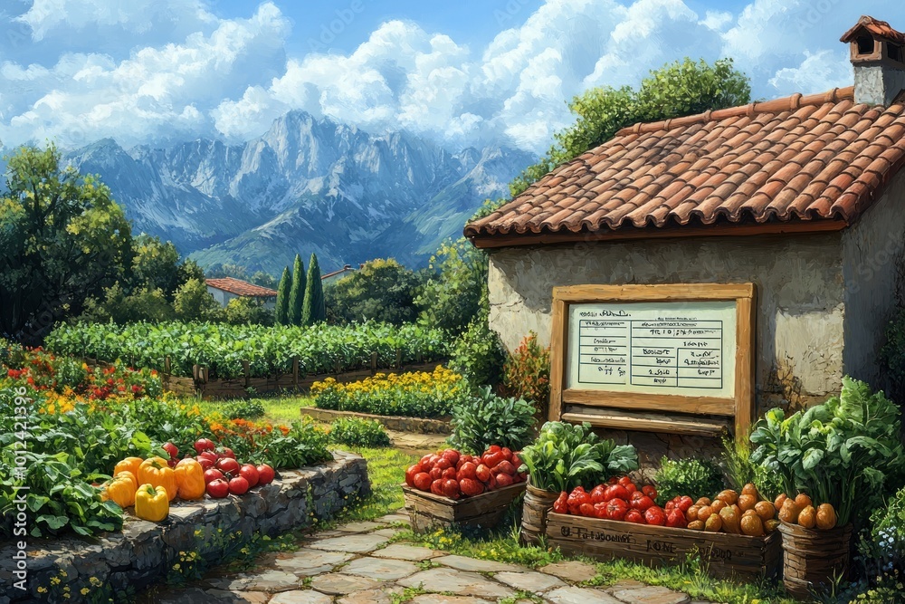 A small farm stand with fresh produce sits in front of a quaint farmhouse with a backdrop of snow capped mountains. A small farm stand with fresh produce sits in front of a quaint farmhouse with a backdrop of snow capped mountains.