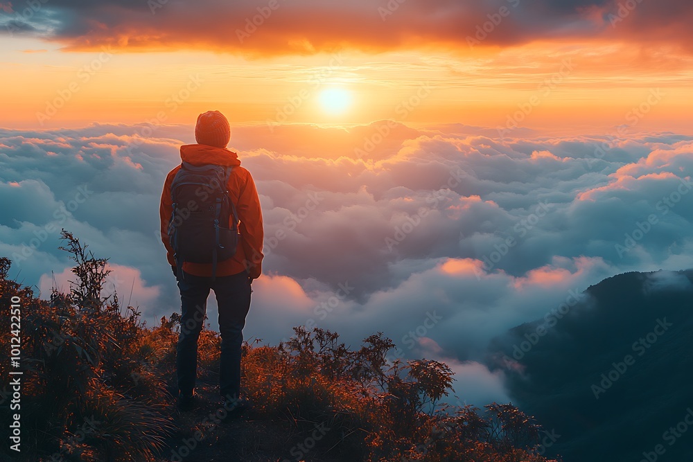Obraz premium Silhouette of a person standing on a mountain peak at sunset with a sea of clouds below