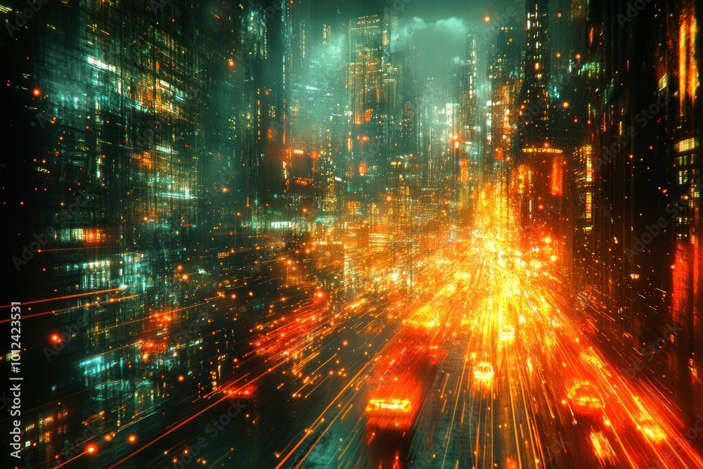 A futuristic city at night with glowing lights and traffic streaks. A futuristic city at night with glowing lights and traffic streaks.