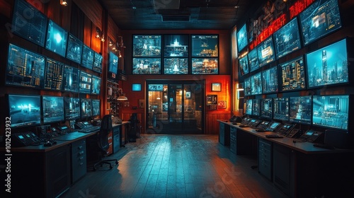 A dimly lit control room with multiple monitors displaying various images. The room has a wooden floor and is lit by a blue light.