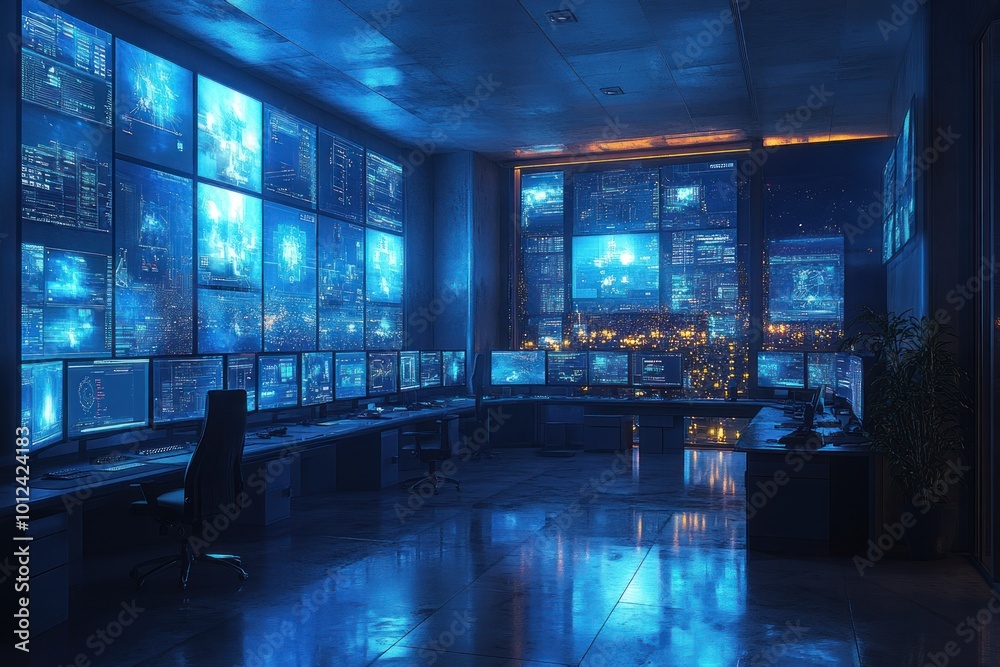 A modern, high-tech control room with multiple computer monitors displaying data and graphics. The room is lit by blue lights, and the windows offer a view of a city skyline at night. A modern, high-tech control room with multiple computer monitors displaying data and graphics. The room is lit by blue lights, and the windows offer a view of a city skyline at night.