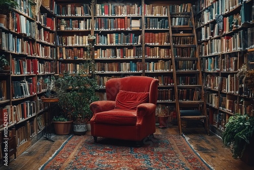 A red armchair sits in the center of a library, surrounded by bookshelves filled with books, plants, and a ladder. The room has a warm and inviting atmosphere, perfect for reading and relaxing.