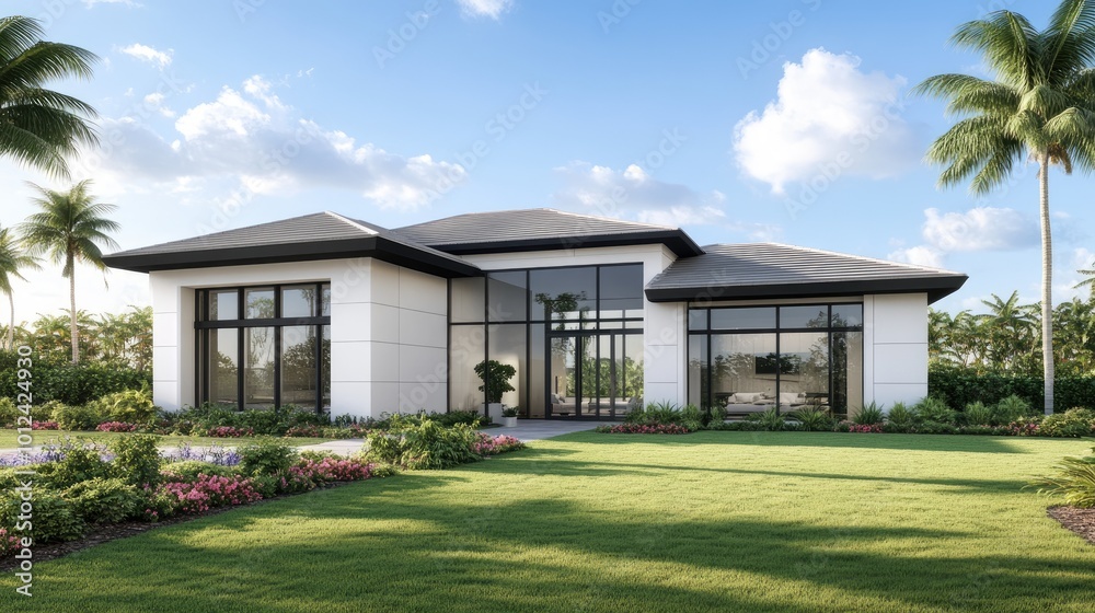 A stunning luxury home exterior with modern architecture, surrounded by a well-manicured green lawn and lush landscaping, showcasing its elegance and fresh build. A stunning luxury home exterior with modern architecture, surrounded by a well-manicured green lawn and lush landscaping, showcasing its elegance and fresh build.