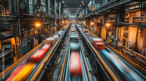 A long exposure photo of a conveyor belt system in a large industrial factory with metal structures and lights.