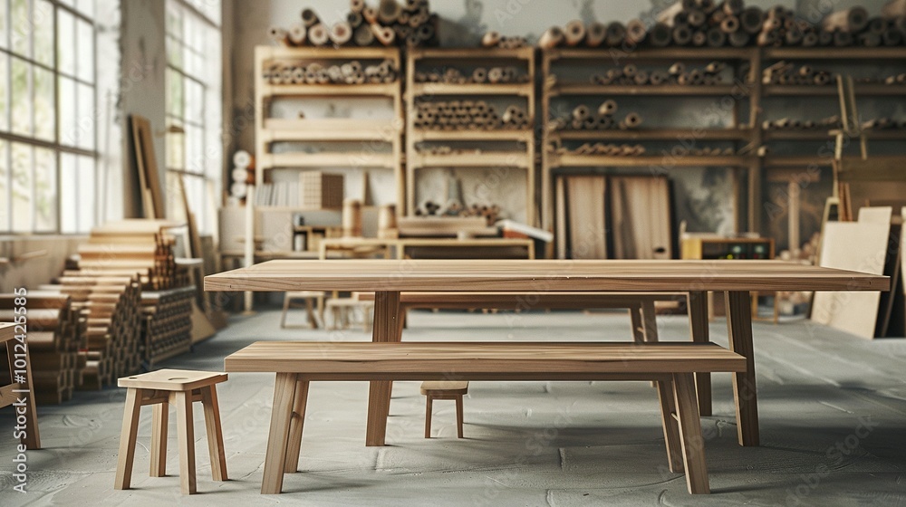 Wooden Table and Chairs in a Workshop Setting