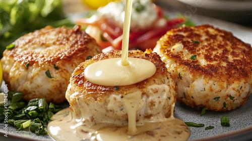 A close-up of golden-brown crab cakes served with a creamy sauce and garnished with herbs.