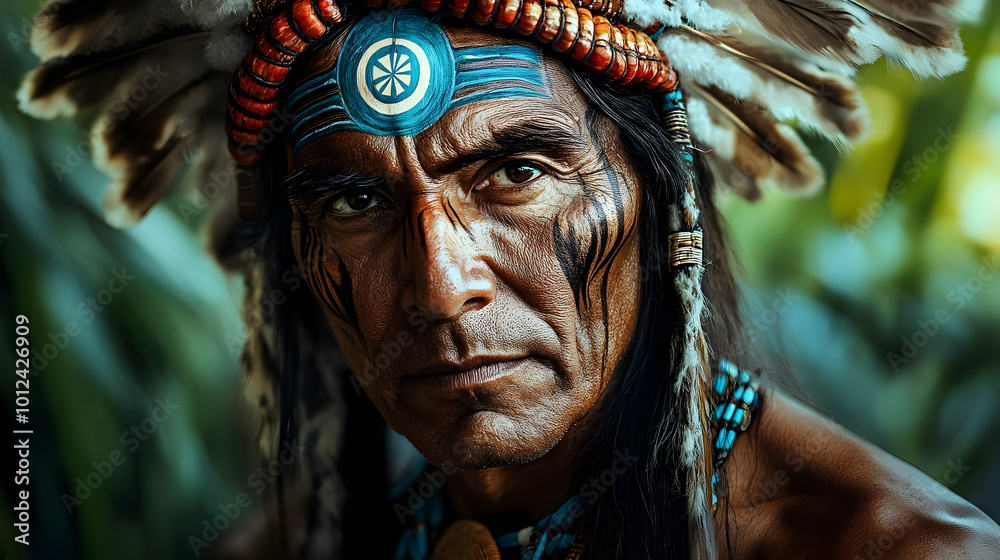 Native American Warrior with Face Paint and Feathers
