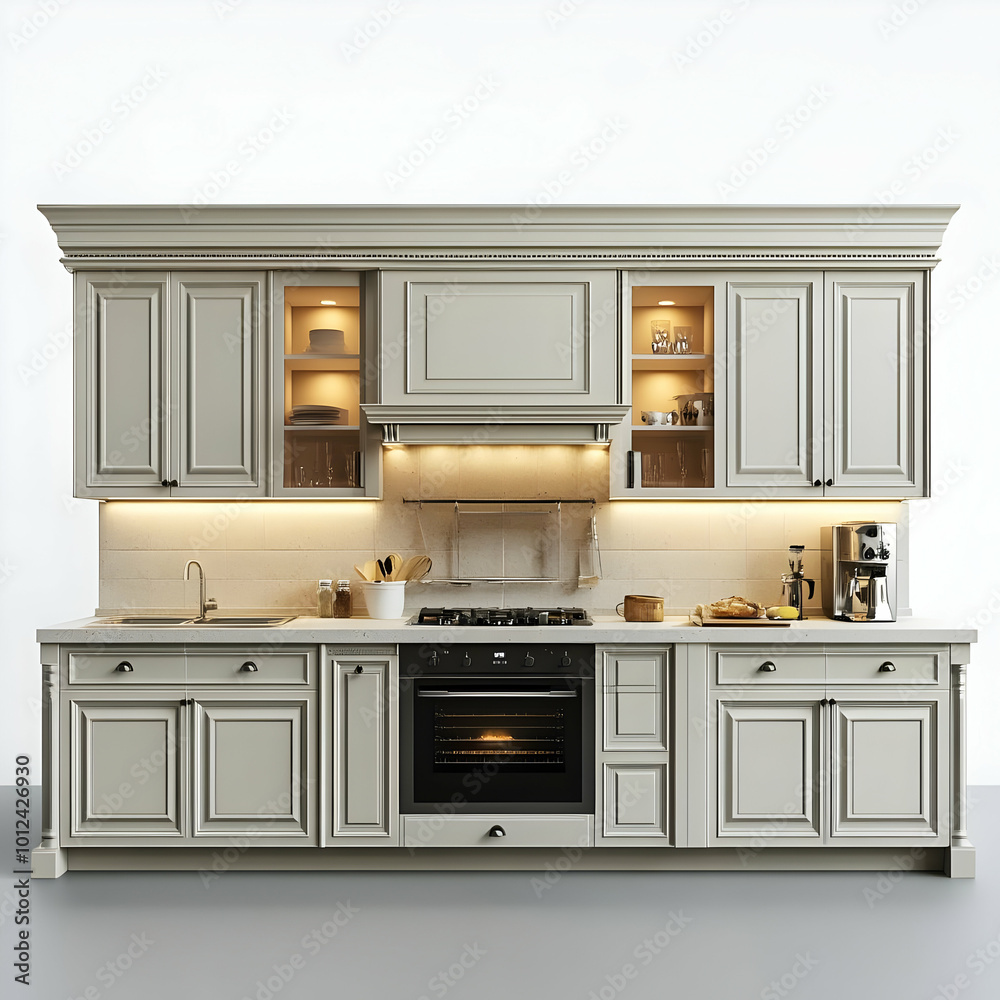 Classic White Kitchen 3D Illustration: Elegant and Functional Design Classic White Kitchen 3D Illustration: Elegant and Functional Design