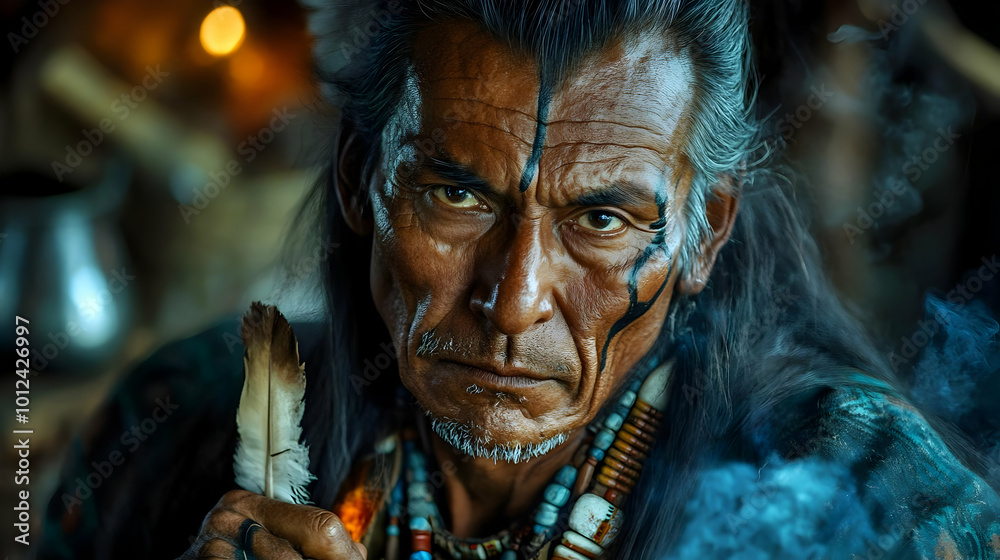 Native American Man with a Feather Holds a Ceremonial Pipe Native American Man with a Feather Holds a Ceremonial Pipe