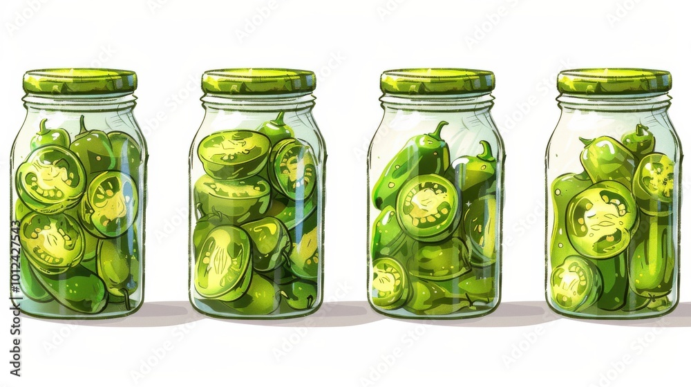 Freshly preserved green peppers in jars on a kitchen counter Freshly preserved green peppers in jars on a kitchen counter