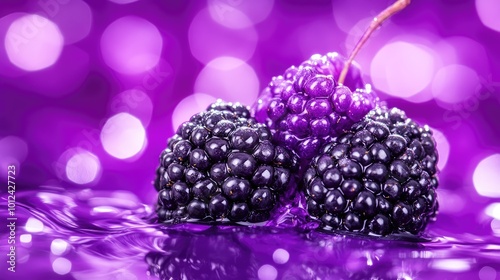 A vibrant splash of water with purple fruit like blackberries and plums, droplets catching the light, highlighting their fresh, juicy appeal.