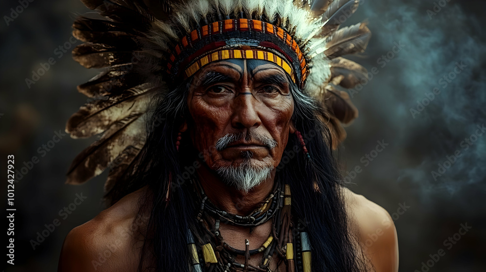 Native American Man with Feathers and Beads in Traditional Headdress Native American Man with Feathers and Beads in Traditional Headdress