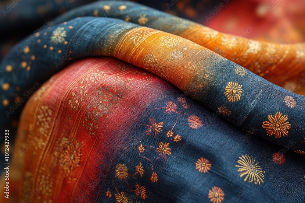 Closeup of a soft blue, orange, and red fabric with a floral pattern and a gradient. Closeup of a soft blue, orange, and red fabric with a floral pattern and a gradient.