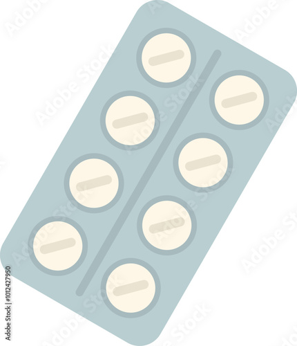 Blister pack containing round white medical pills is lying on a white background