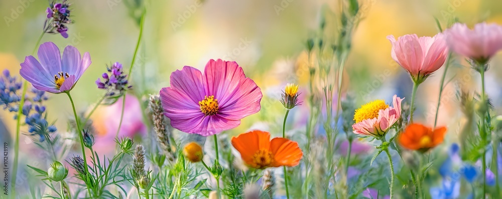 A vibrant display of pastel-colored flowers in a blooming meadow A vibrant display of pastel-colored flowers in a blooming meadow
