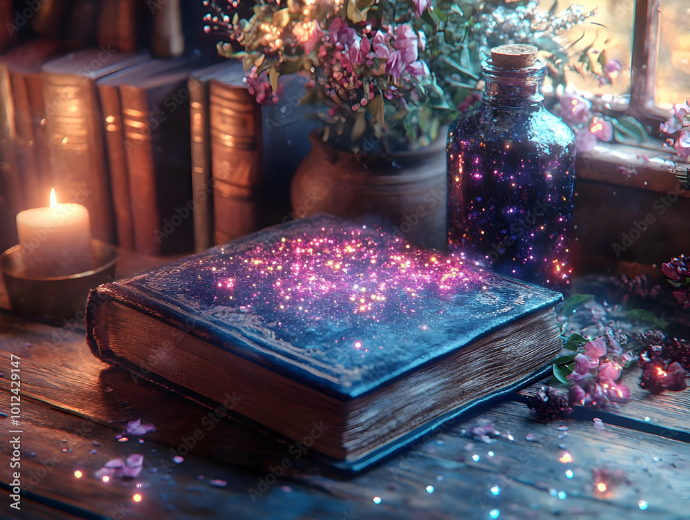 Enchanted Illustration: Magic Book, Potion, and Flowers Enchanted Illustration: Magic Book, Potion, and Flowers