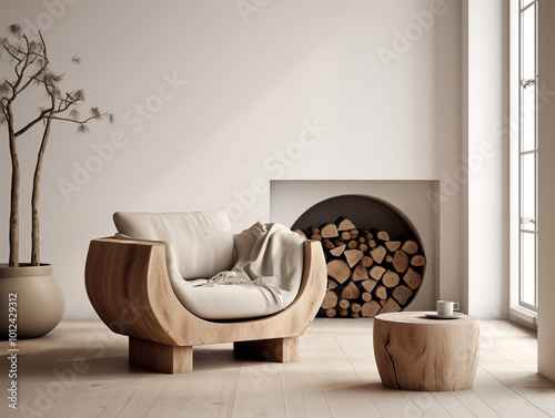 Simple minimalist interior living room with beige walls and abstract assymetric boucle chair in light color. Abstract statement decor. photo