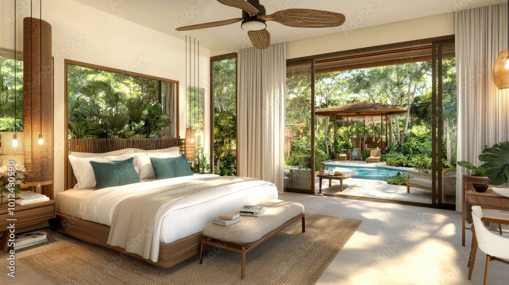 A wild animal lying peacefully on a bed in a contemporary bedroom, blending natures untamed essence with modern home aesthetics. A wild animal lying peacefully on a bed in a contemporary bedroom, blending natures untamed essence with modern home aesthetics.
