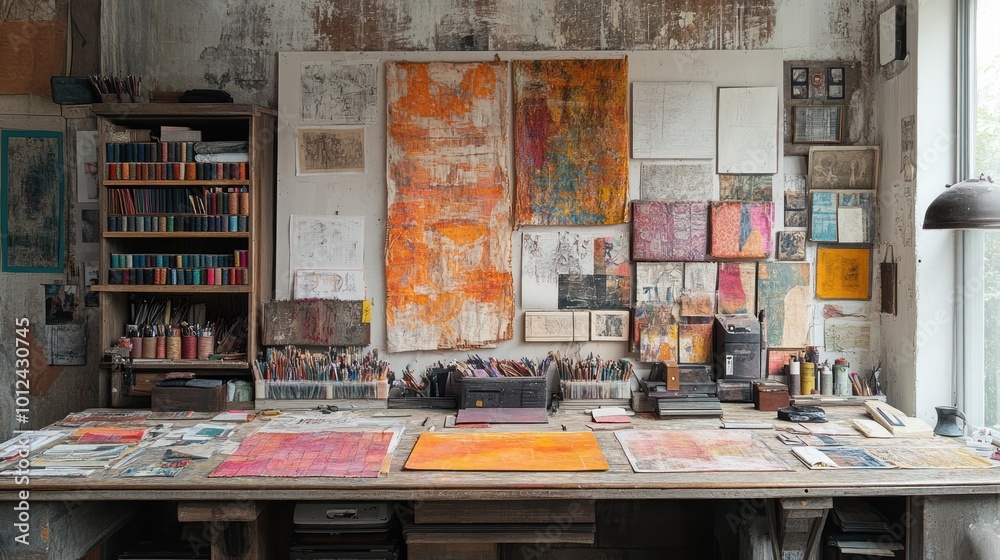 An artist's workspace with a cluttered desk, shelves full of supplies, and a wall covered in artwork and inspiration. An artist's workspace with a cluttered desk, shelves full of supplies, and a wall covered in artwork and inspiration.