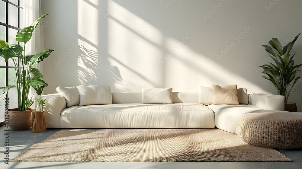 Illustration of White Sofa in Minimalist Living Room with Sunlight Streaming Through Window Illustration of White Sofa in Minimalist Living Room with Sunlight Streaming Through Window