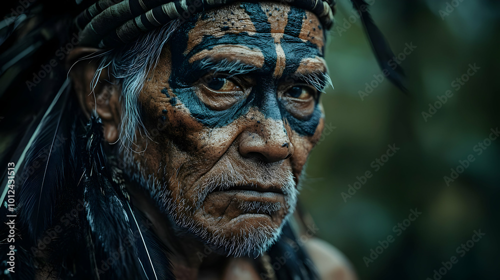 Indigenous Man with Face Paint and Feathers Indigenous Man with Face Paint and Feathers