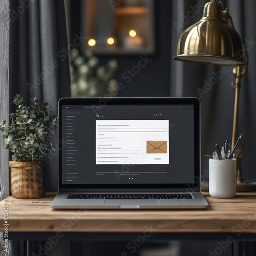 Laptop Displaying Online Contact Form with Envelope Icon  Home Office Desk  Interior Desig