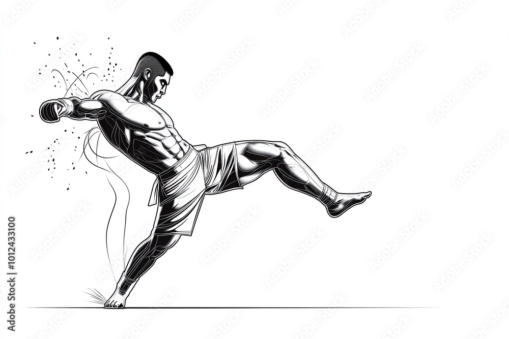 Simple line art of a Muay Thai roundhouse kick, capturing the motion and precision of the strike in a minimalist style Simple line art of a Muay Thai roundhouse kick, capturing the motion and precision of the strike in a minimalist style