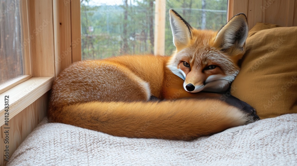 Obraz premium A wild animal sprawled on a cozy bed in a Nordic-inspired room with simple decor, warm textiles, and light wooden elements.