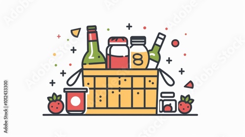 Picnic basket filled with beverages and snacks outdoors